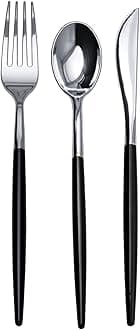 Trendables 120 Pack Disposable Silverware Set - Silver & Black Plastic Cutlery - Includes 40 Forks, 40 Spoons, 40 Knives - Party Set