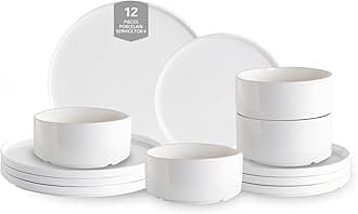 Plates and Bowls Sets - KilomSumat 12 Piece Modern Porcelain Dinnerware Set for 4, Ceramic Kitchen Dinner Dining Ware Set, Dishware Dishes, Microwave and Dishwasher Safe, White