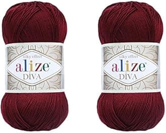 Alize Diva Yarn 100% Microfiber Acrylic Yarn, Silk Effect, 2 Skeins, 200gr, 767yds, Fingering Weight, Red (Bordeaux)