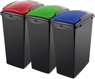 Addis Set of 3 Recycling 40ltr Waste Utility Bins with Colour Coded Lids, Black, Blue, Red & Green, Green, Red, 42.5 x 28 x 56cm
