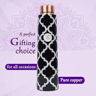 Pure Copper Water Bottle with Ample Multi Colored Printed Design, Joint Less, Advanced Leak Proof Protection, Ayurveda, and Yoga Health Benefits (900 Ml Bottle)
