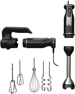 Ninja Foodi 3-in-1 Hand Blender, Hand Mixer & Chopper, Food Processor with 3 Attachments, 850W Powerbase, 5 Mixing Speeds, 2 Blending Speeds, 1.5m Cord, Black, CI100ME, 2 Years Warranty
