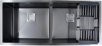 BLACKADO 304 GRADE STAINLESS STEEL DOUBLE BOWL HANDMADE KITCHEN SINKS (37 * 18 * 10", 37 * 18 * 10 PREMIUM BLACK)