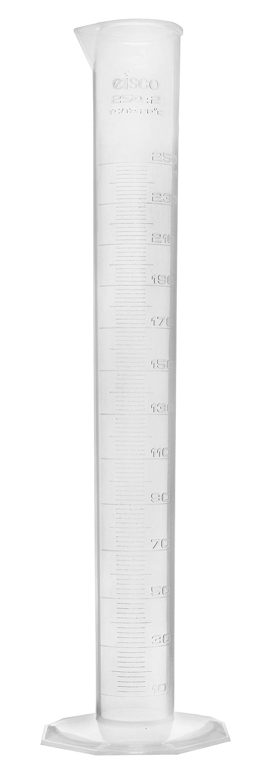 Eisco Measuring Cylinder, 250ml - Class B Tolerance - Octagonal Base - US Sourced Polypropylene Plastic - Industrial Quality, Autoclavable - Labs