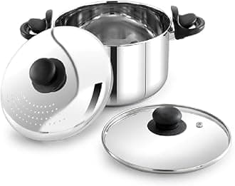 Praylady 3.0L Stainless Steel Strainer Pot with Glass Lid (20 CM) – Induction Base Multi-Purpose Cooking Pot for Rice, Vegetables, Noodles & Pasta Pot – Anti-Locking, Dishwasher Safe.