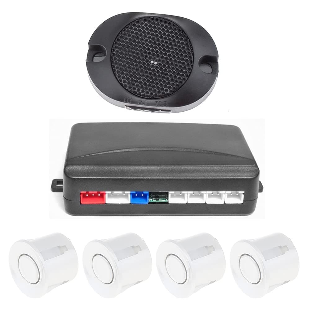 Car Parking Sensor System, 4 Sensor Buzzer Radar System with Audible Alarm, Waterproof Vehicle Back Assistant (White)