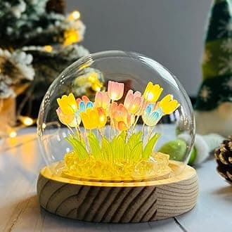 One94Store Tulip LED Night Light – Decorative Glass Table Lamp with 10 Artificial Flowers, Soft Glow for Bedroom, Living Room, Birthday & Gifts (8 cm, Multi-Color)