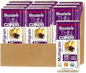 Suzie's Organic Multigrain Rice Cake Thins|Pack of 12|USDA Organic, NON-GMO, Fat-Free, Sugar-Free, Gluten-Free|Low-Calorie Snack-16 Calories Per Slice|Bread & Cracker Replacement
