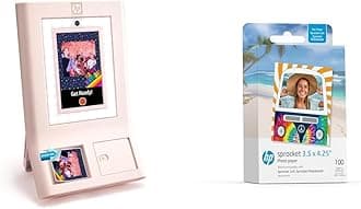 HP Sprocket Photobooth Instant 3x4” Color Photo Printer (Pink) Capture & Customize with 250+ Frames Sprocket 3.5 x 4.25” Zink Sticky-Backed Photo Paper (100 Pack)