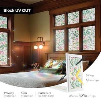 ADD.HERES Window Privacy Film, Stained Glass Decorative Static Cling, Removable Laser Sun Blocking Vinyl Covering,Window Film for Home Kitchen Living Room, Rose Garden, 17.3" x 78.7"