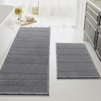 H.VERSAILTEX Waffle Bath Mat Super Absorbent Bathroom Mats Non Slip Bath Rugs for Bathroom Floor Machine Washable Ultra Soft Bathroom Rugs for Beside Tub, (32 x 20 Plus 24 x 60 - Inches, Grey)