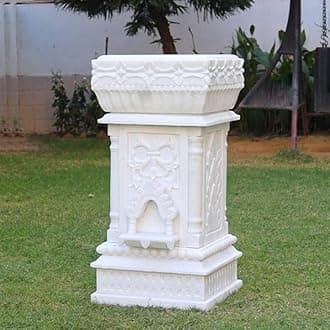 HANDICRAFT BAZAAR Marble Tulsi Pot for Home | Tulsi Marble Planter for Roof, Porch Balcony (White Carving)