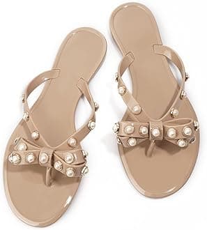 Women Rivet Flip Flops Studded Jelly Thong Sandals with Bow Summer Bowtie Flat Beach Rain Shoes