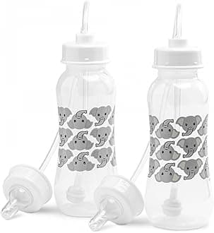 Hands-Free Baby Bottle - Anti-Colic Nursing System 9 oz Baby Bottle with Fast Flow Nipple/Teat 3m+ with Tube Straw Feeding System for Toddler (2 Bottles - Elephant)