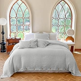 Simple&Opulence 100% Linen Duvet Cover Set 3pcs with Coconut Button Closure Natural French Washed Flax Solid Color Soft Breathable Farmhouse Bedding - Light Grey, Full Size