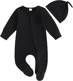 Ayalinggo Newborn Baby Girl Boy Clothes Infant Long Sleeve Soild Footed Romper Zipper Footie Jumpsuit With Hat Fall Outfit