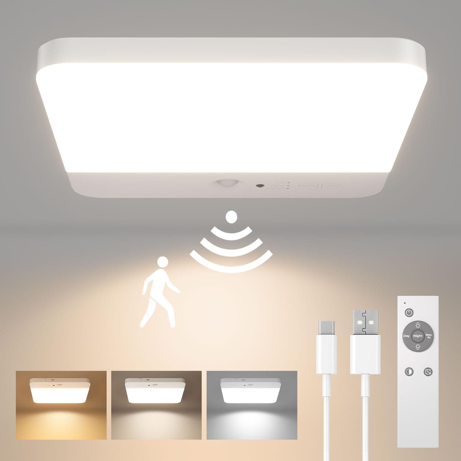 LED Ceiling Light Motion Sensor, Cordless Bathroom Ceiling Lamp Battery Operated, Rechargeable Magnetic Mount Shower Light for Bath,Porch,Stairs,Garage, 3 Color Temperatures, Remote Control