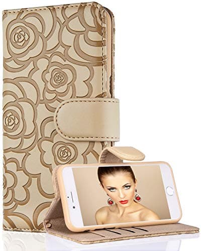 FLYEE Case Compatible with iPhone 7 Plus/8 Plus-5.5 inch/iPhone SE,Wallet Case for Women and Girls with Card Holder,Premium Leather Flip case Kickstand Cover with Wrist Strap-Embossed Flowers Beige