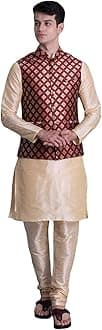 Uri and MacKenzie Men's Silk Blend Regular Kurta Churidar Pyjama with Bundi Nehru Jacket/Waistcoat