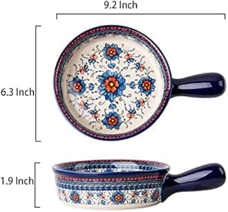 Bicuzat Blue and Orange Flower Vintage Style Ceramic Bakeware Casserole Dish Baking Pan Lasagna Pans Baking Dish with Handles for Oven/Cooking/Kitchen-1 PCS-20 OZ
