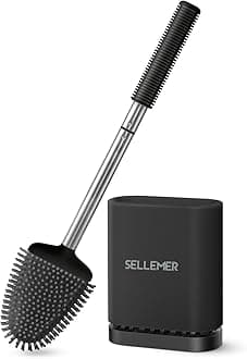 Sellemer Toilet Brush and Holder Set for Bathroom, Flexible Toilet Bowl Brush Head with Silicone Bristles and Stainless Steel Handle, Compact Size for Storage, Ventilation Slots Base (Black)