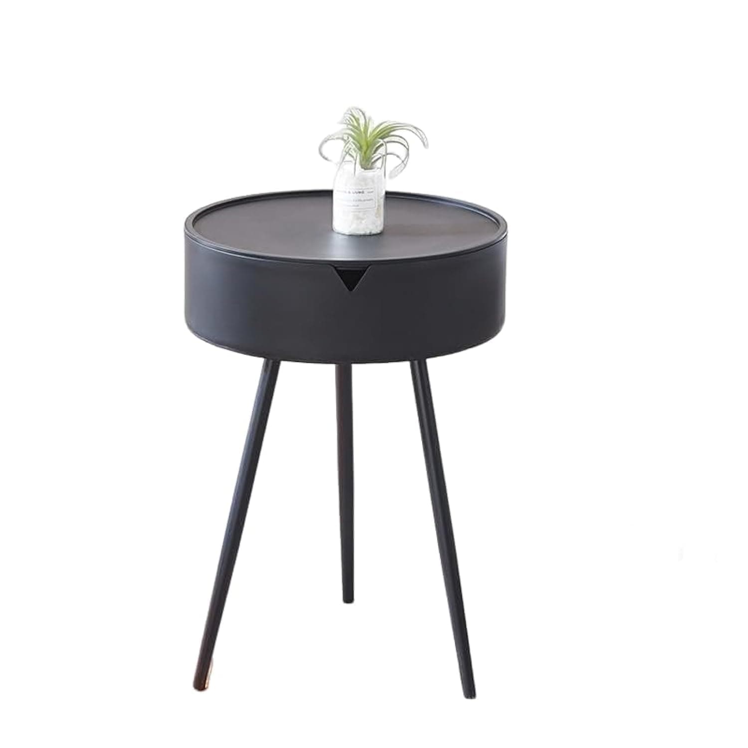 XIUWOO End Table,Small Space Round Side Table Triangle Metal Legs Coffee Table with Storage Shelf Simple Bedside Table (Black)