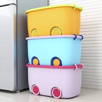 STAR WORK 25 Liters/Toy Storage Box Large Size/Toy Storage Organiser/Toy Basket Storage for Kids/Toy Basket for Kids Big Size (Pack Of 4 Stackable Wheels Locking Lid & Handle Color may vary)