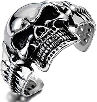COOLSTEELANDBEYOND Heavy and Study Mens Stainless Steel Biker Skull Cuff Bangle Bracelet Silver Black Two-Tone Polished
