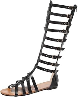 Womens Flat Knee High Gladiator Sandals Strappy Cut Out Open Toe Gladiator Sandals Flat Knee Boots