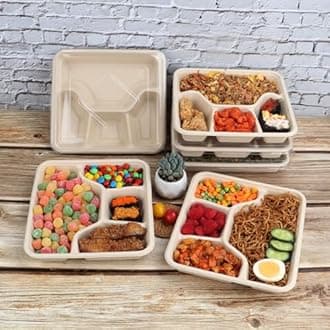 Sugarcane Fiber 37 oz 4 Compartments disposable plates with Lids Bagasse Plant Fibers Freezer Safe 25 Pack