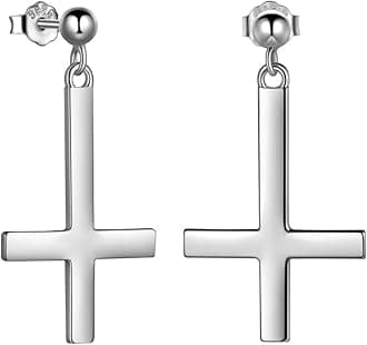 Mens Inverted Cross Earrings Solid 925 Sterling Silver Fine Jewelry Asymmetric Upside Down Cross Earrings St. Peter Satanic Earrings Piercing Clip On Earrings Gothic Jewelry Christmas Jewelry Gift Thanksgiving Day Women Girls