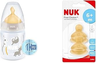 NUK First Choice+ Baby Bottle, 0-6 Months, Temperature Control, (Beige), 1 Count (Pack of 1), 150 ml & First Choice+ Baby Bottle Teat, 6-18 Months, Latex with Large Feed Hole, Anti-Colic, 2 Count