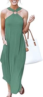 ANRABESS Women Summer Halter Neck Sundress Sleeveless Split Side Casual Beach Travel Vacation Maxi Long Dress with Pockets, Grass, Medium