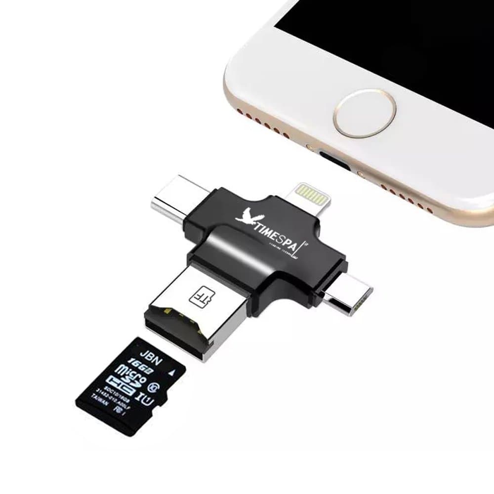TIMESPA 4in1 Micro SD Card Reader for iPhone Mac, with Type C Connector, Lightning, micro USB and USB Connector (014 black)