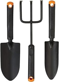 Fiskars 3-Piece Garden Tool Set - Trowel, Transplanter, Cultivator, Rust-Resistant Steel Heads, Ergonomic Handles for Planting, Digging, and Aerating Soil