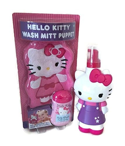 Limited Edition Hello Kitty Bundle Gift Set with Refillable Foaming Hand and Body Wash Bottle, Wash Mitt Puppet and Cotton Candy Scented Body Wash - 3 Items