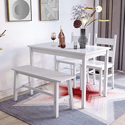 Dining Kitchen Table Set for 4, Solid Wood 4 PC Table and Chair Set, Rectangular Kitchen Table with 2 Chairs and Bench, Modern Farmhouse Dinette Table Set for Kitchen, Dining Room, Easy Assembly