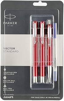Parker Vector Standard Fountain Pen, Roller Ball Pen And Ball Pen (Red)