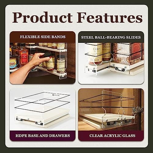 Vertical Spice Adjustable Spice Rack Drawer - Pull Out Cabinet Organizer - Kitchen and Pantry Organizers and Storage - Spice Caddy - 2 Drawers, 3 Upper Tier (4.6" W x 11.25" H x 10.6" D, Cream)