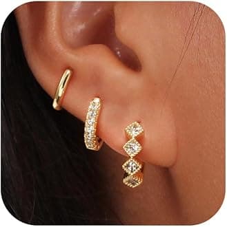 Gold Hoop Earrings Set for Women Trendy, 14K Gold Plated Chunky Hypoallergenic Small Diamond Cartilage Hoops Cute Cubic Zirconia Dangle Stud Earrings Jewelry Gifts