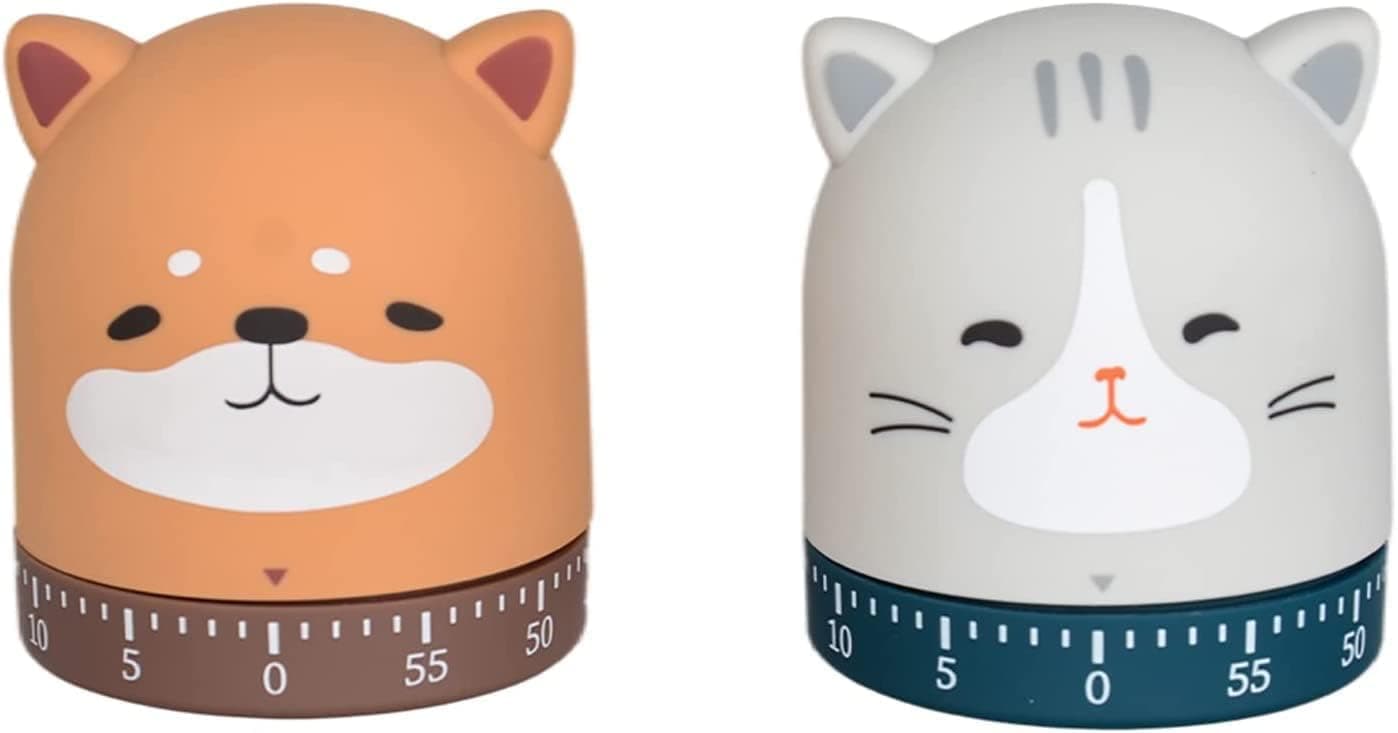 2 Pcs Kitchen Cooking Timer, Animal Mechanical Timer 60 Minute Wind up Dial 360° Rotating Countdown Egg Reminder No Batteries Loud Ring Cartoon Alarm for Kids Time Management, (Cat and Dog)