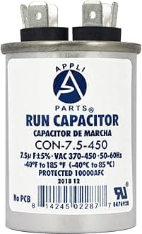 AP APPLI PARTSRun Capacitor for ac 7.5 Mfd uF (microfarads) 370 VAC or 450 VAC CBB65 Round Universal fit for hvac and other applications 2-1/2 in High 1-1/2 in Wide CON-7.5-450