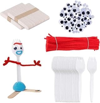 100 Set Fork Creativity Set, Plastic Sporks Red Pipe Cleaners Clever Eyes Popsicle Stick,Make Your own Forky