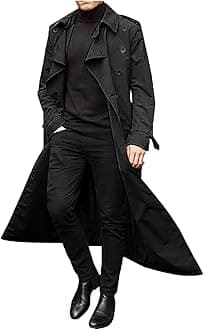 Generic2024 New Men's Slim Stylish Trench Coat Casual Double Breasted Lapel Long Sleeve Solid Belted Long Jacket for Work Holiday compatible with Mackintosh New England Coat (Black, M)