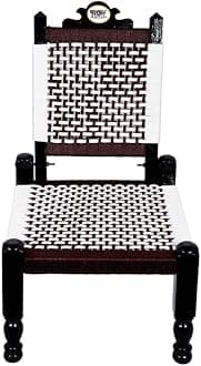 Traditional HANDICRAFTS Brown and White Resham Rope Wooden Folding Chair KHATLI BAJOT RAJVADI Stool CHOWKI CHARPAI