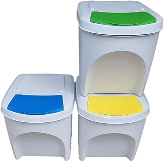 Stolmet Large Stackable Recycling Bins Set of 3x25L (Brand KrysGo) - Customizable Lids with Recycling Stickers - Waste Sorting for Home, Kitchen, Office (White + Multi Coloured)
