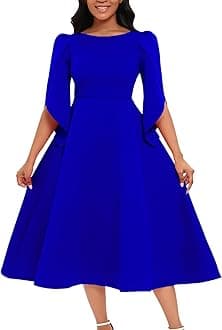 SOMTHRON Women's Elegant 3/4 Petal Sleeve Long Maxi Dress Crewneck A-Line Pleated Swing Formal Cocktail Party Dress