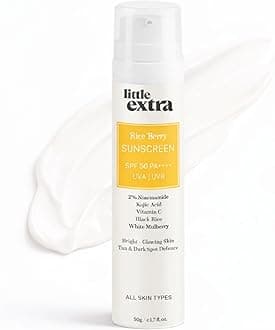 Little Extra Rice Berry Sunscreen, SPF 50 PA++++, UVA/B, Fast Absorbing, with Niacinamide, Kojic Acid, Vitamin C, Black Rice Water for Bright, Glowing Skin, No White Cast, Light Weight, 50g