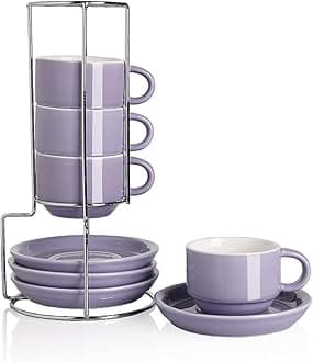 SweejarPorcelain Espresso Cups with Saucers, 4 Ounce Stackable Cappuccino Cups with Metal Stand for Coffee Drinks, Latte, Tea - Set of 4 (Purple)