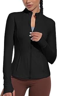 CighayWomen's Athletic Jacket Zip Up Workout Jacket With Pockets Running Hoodless Yoga Jacket Slim Fit With Thumb Holes